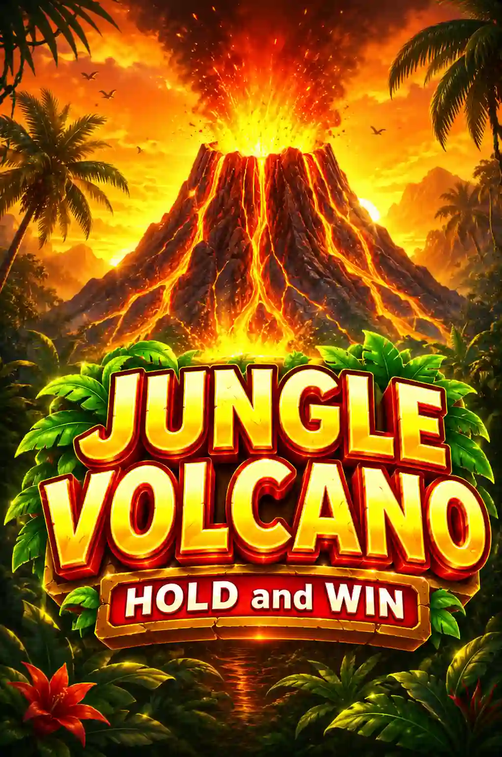Jungle Volcano slot with erupting volcano and tropical trees