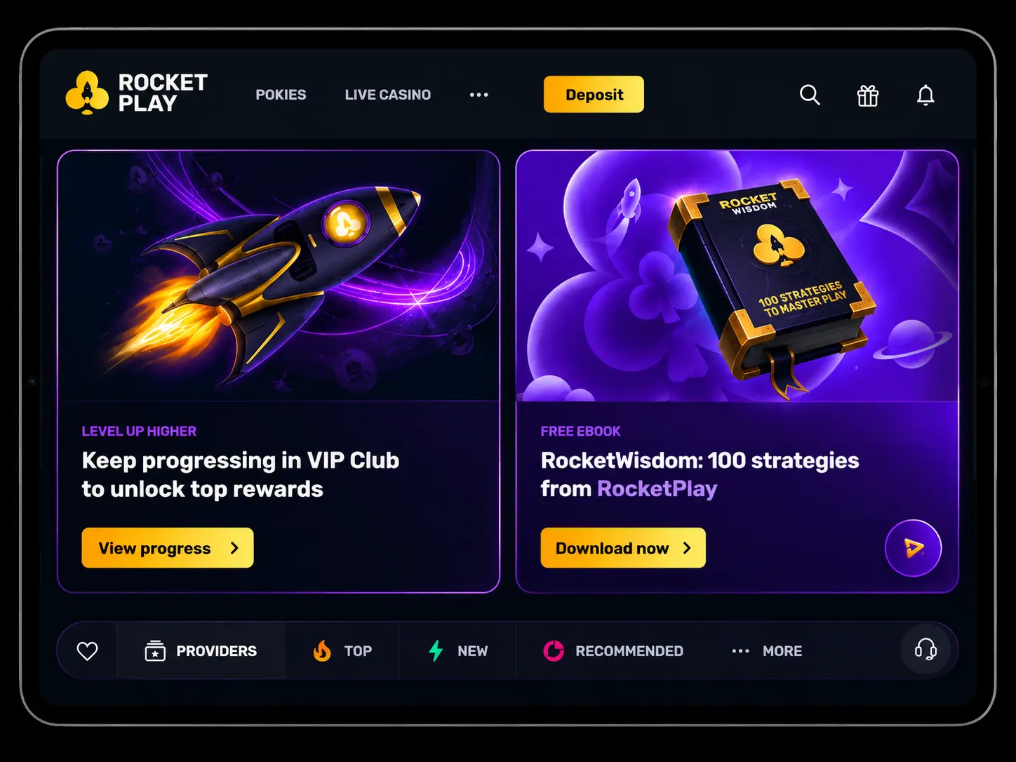 RocketPlay mobile interface with loyalty program