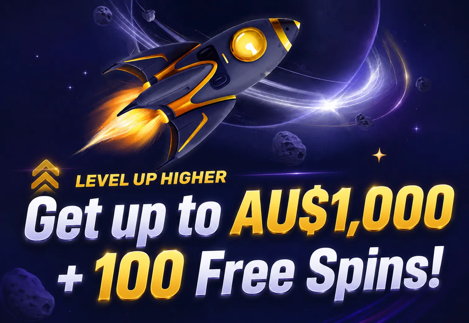 Rocket in space with AU$1,000 bonus and 100 free spins offer