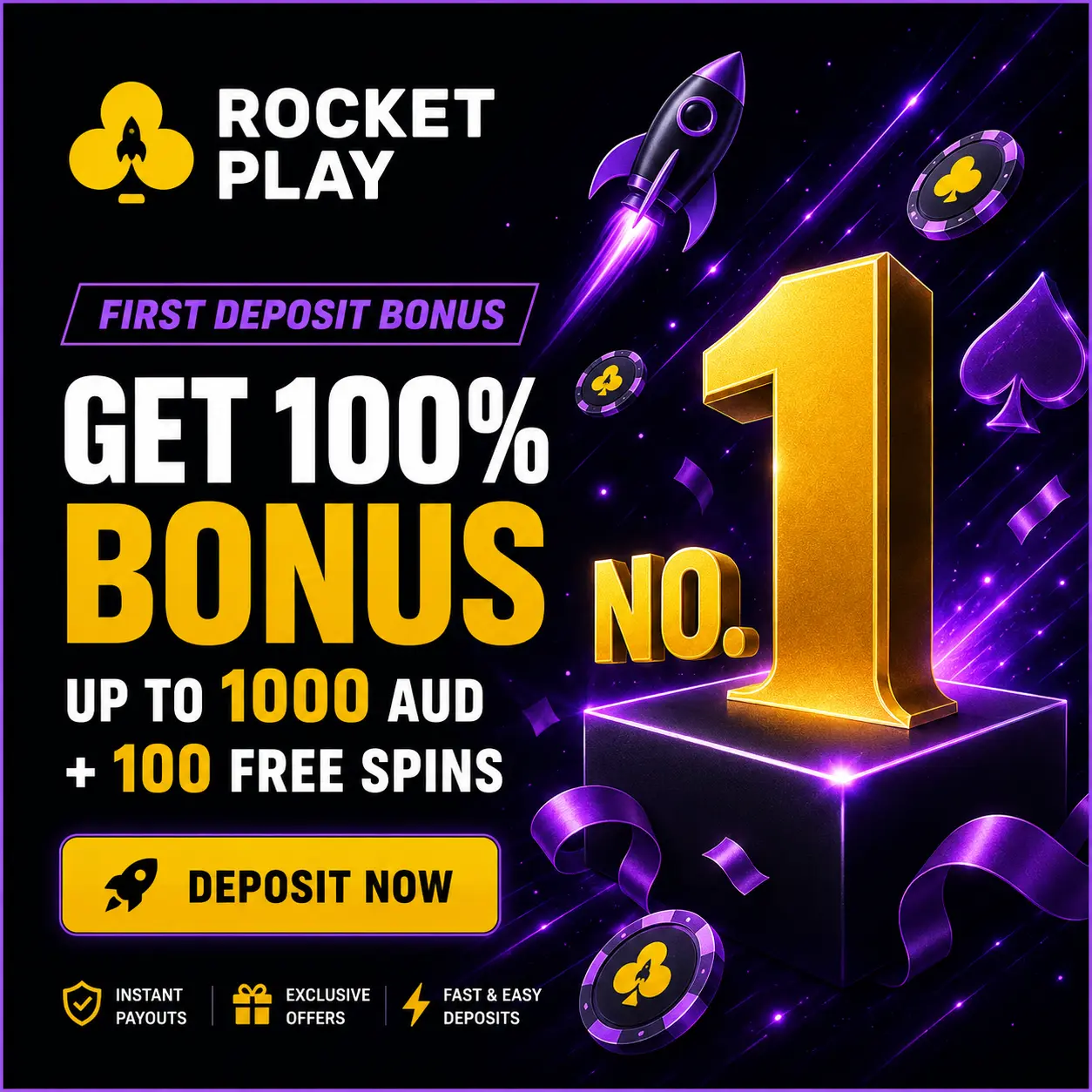 Get a 100% bonus and 100 free spins at RocketPlay Casino